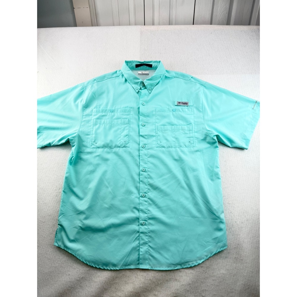 Columbia PFG Tamiami II Men's Large Aqua Short Sleeve Fishing Shirt